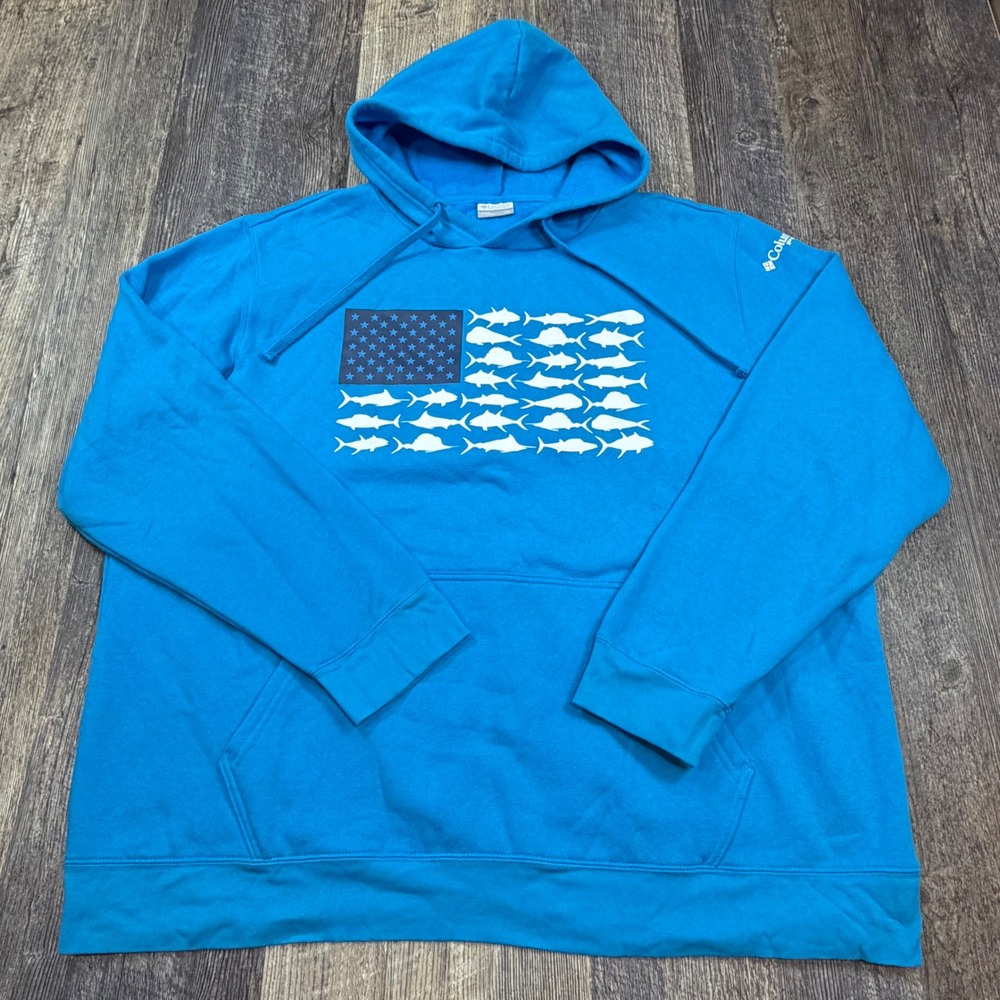 Columbia PFG Hoodie Mens XXL Blue Fish American Flag Graphic Pullover Fleece